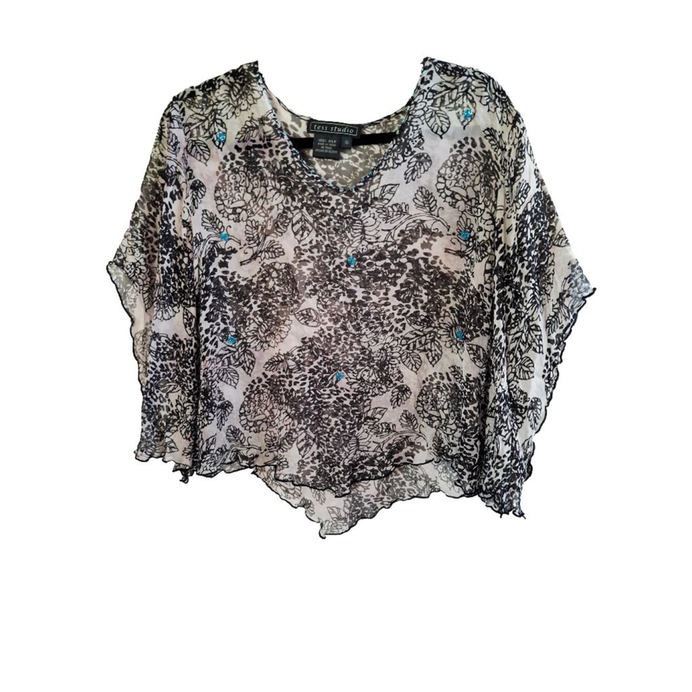 Silk vintage tess studio Black & White Floral Blouse 10 sheer beaded fairycore